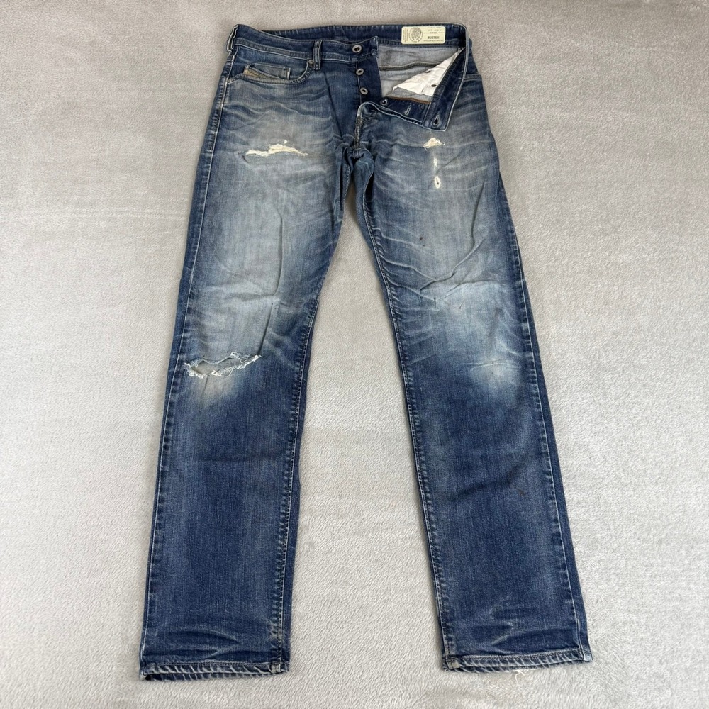 Diesel Buster Slim Tapered Jeans Mens 31x32 Blue Distressed Button Fly Stretch